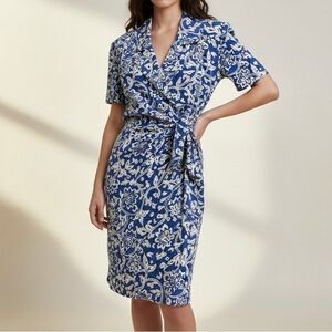 ADRIANNA PAPELL Vintage 100% Silk Blue Floral Midi Dress Wrap Tie Waist